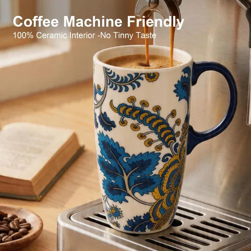 Vista 2 de DUSVALLY Taza de viaje de cerámica de 17oz con tapa, taza de café floral Azul