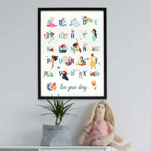 Vista 6 de Decoración de pared de madera enmarcada con alfabeto de princesas Disney - Gran imagen de princesa con Bella, Cenicienta, Ariel, Rapunzel y más