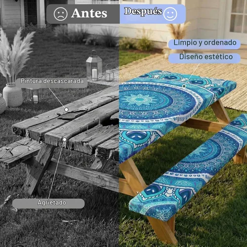 Vista 2 de Funda de mesa de picnic con fundas para bancos Esenciales de camping Mantel de picnic impermeable y a prueba de viento con bolsa de cordón, funda
