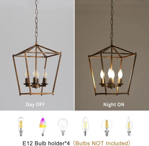 Vista 4 de Lámparas de Linterna Rústicas de Araña de 4 Luces, Lámparas Colgantes de Techo de Jaula en Negro y Oro, Lámparas Colgantes para Isla de Cocina