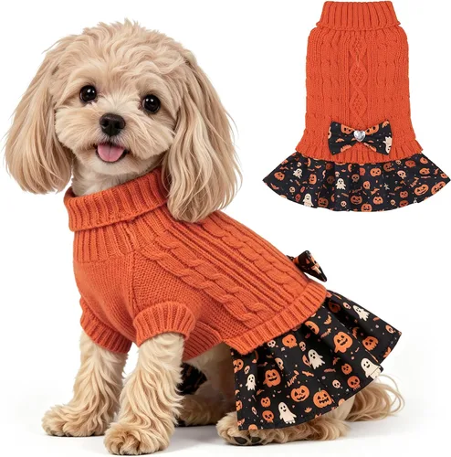 Vista 17 de WOYYHO Vestido de suéter para perro pequeño con corbatín, ropa de perro de Rosa polvoriento