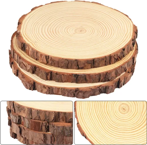 Vista 3 de 4 piezas de rodajas de madera natural de 10-12 pulgadas, círculos de madera de pino sin terminar con corteza para posavasos, manualidades DIY