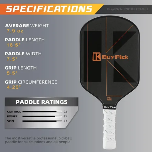 Vista 2 de Paleta de pickleball aprobada por USAPA, ligera y ancha, superficie de fibra de carbono, 0.63 pulgadas de grosor, agarre antideslizante, regalo