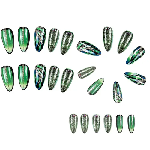 Vista 3 de Uñas acrílicas artificiales de punta francesa verde – Forma de almendra de longitud media con diseño de diamantes de imitación 3D de lámina dorada