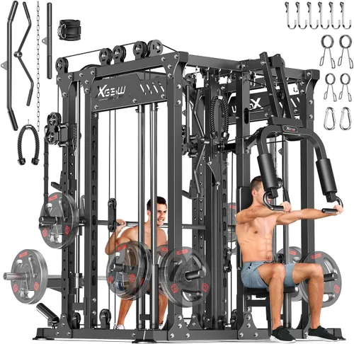 Vista 18 de XGSW Smith Machine Gimnasio en casa, jaula de potencia multifunción con sistema cruzado de cable de polea doble, estante para sentadillas para L06