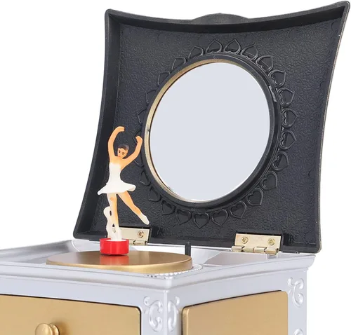 Vista 9 de Caja de joyería de música bailarina, caja de joyería musical, pequeña caja de joyería con tema de bailarina giratoria, color blanco plateado