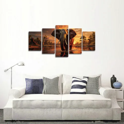 Vista 3 de LiftGather 5 piezas de elefantes salvajes animales lienzo pintura para sala de estar decoración del hogar lienzo lienzo arte pared póster enmarcado