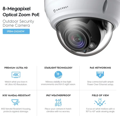 Vista 2 de Amcrest UltraHD 4K Varifocal PoE Dome Outdoor Security Camera, 4K (8-Megapixel) 3840x2160P, 164ft Night Vision, 4X Optical Zoom, Motorized Varifocal