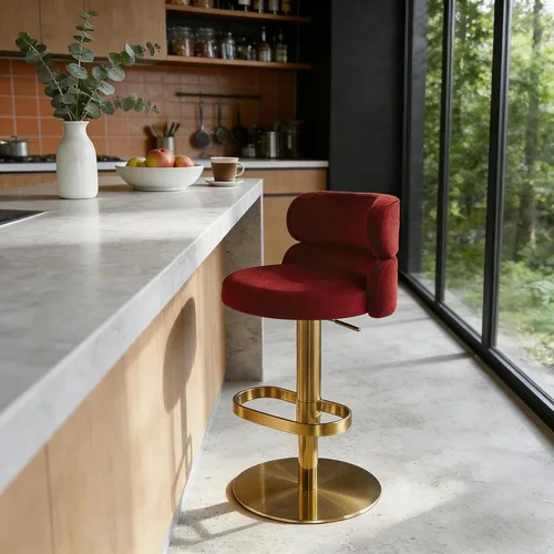 Vista 8 de Taburete de bar de terciopelo con respaldo bajo, taburete de bar giratorio con base dorada para isla de cocina, moderna silla de pub