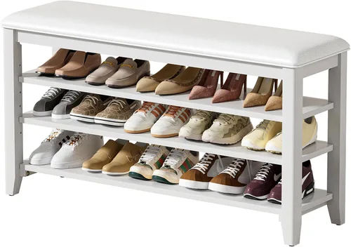 Vista 15 de Banco de almacenamiento de zapatos de entrada con cojín de cuero, banco organizador de zapatos para entrada, ideal para pasillos, puertas
