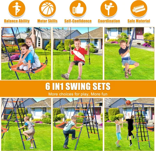 Vista 2 de Juego de columpios para patio trasero, juego de columpio de 550 libras con soporte de metal resistente con marco en A, juego de columpios 6 en 1