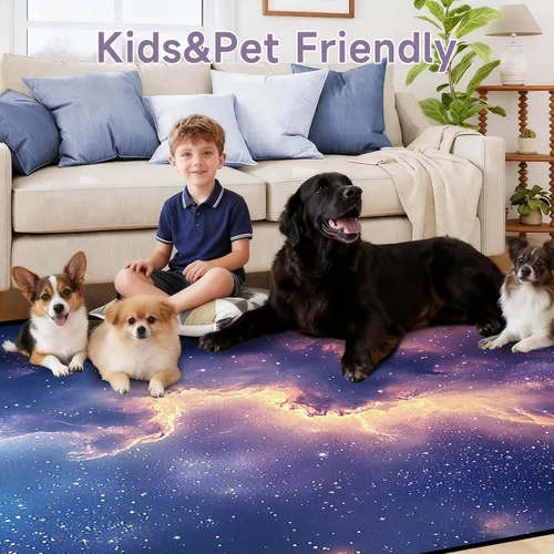 Vista 7 de Alfombra galaxia de 2 x 3 pies para habitación de niños, alfombra de cielo estrellado de pelo bajo, antideslizante, lavable, alfombra nebulosa