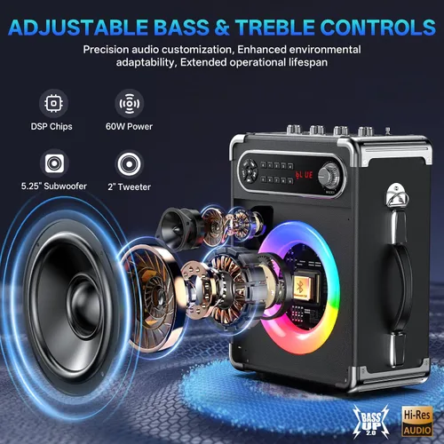 Vista 10 de JYX - Máquina de karaoke con dos micrófonos inalámbricos, altavoz Bluetooth portátil con ajuste de graves/agudos, sistema de PA con control remoto