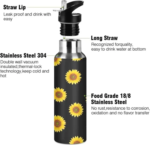 Vista 3 de Stainless Steel Vacuum Insulated Water Bottle 32 Oz, BPA-Free Sports Water Bottle for Gym Outdoor Travel School, Yellow Sunflowers Black