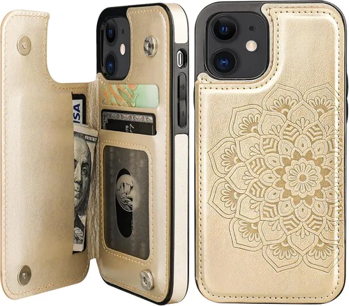 Vista 9 de Vaburs Funda compatible con iPhone 12 y iPhone 12 Pro con tarjetero, diseño de mandala en relieve de flor de piel sintética, doble botones Azul
