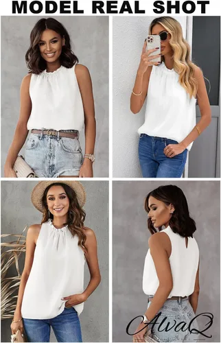 Vista 2 de AlvaQ - Camiseta de gasa estilo casual sin mangas para mujer, con cuello halter, para verano