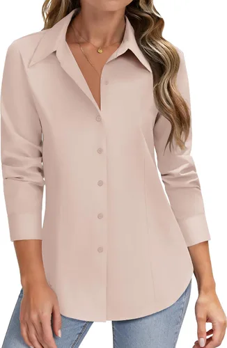 Vista 18 de HOTOUCH Camisas de manga larga con botones para mujer, camisas de vestir con protección contra manchas, ajuste delgado, blusas de trabajo, oficina