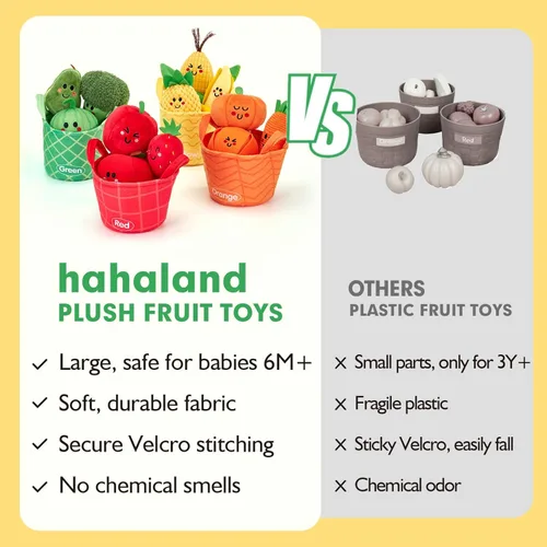 Vista 6 de Hahaland Juguetes sensoriales para bebés - 16 piezas Mi primera fruta Verdura Clasificación de color de alimentos de juego crujiente, sonajero