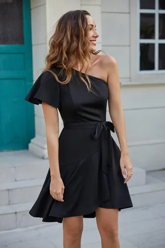 Vista 3 de GRACE KARIN Vestido de verano para mujer, elegante vestido de cóctel de un hombro, con volantes, manga corta, acampanado, vestido de fiesta