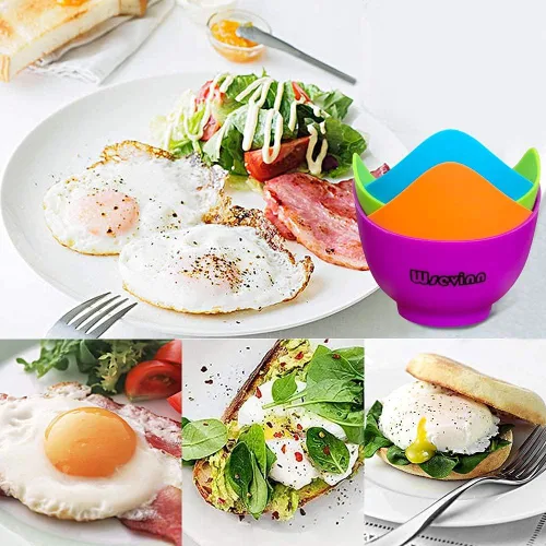 Vista 5 de Cocedor de huevos escalfados, tazas de silicona para cazar huevos escalfados con soportes de anillo, taza antiadherente para cocinar huevos