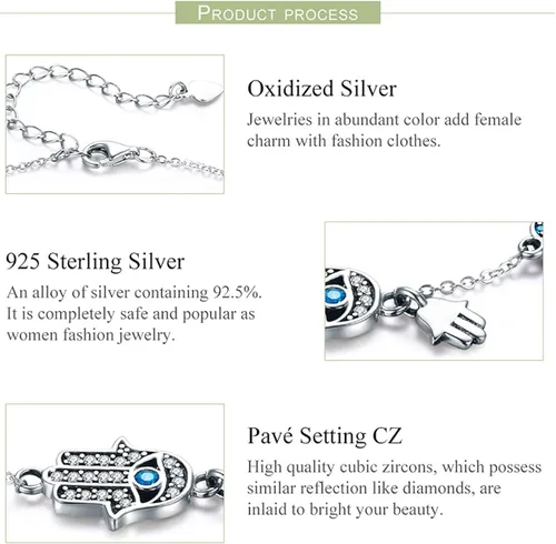 Vista 6 de BISAER Pulsera de plata de ley con cierre de dije para abalorios con piedras preciosas de zafiro, tapón de bloqueo de clip de ojo malvado