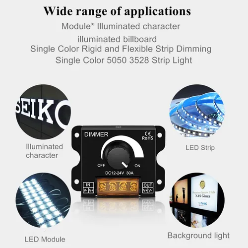 Vista 3 de Paquete de 2 interruptores de atenuación LED DC 12-24V 30A PWM Controlador de atenuación de brillo continuo para tira LED de un solo color 5050/3528
