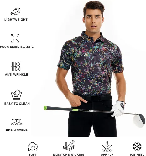 Vista 3 de DEOLAX Mens Golf Shirt Performance Moisture Wicking Mens Polo Shirts Fashion Print Dry Fit Polo Shirts Short Sleeve Soft