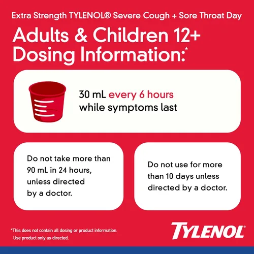 Vista 6 de Tylenol Extra Strength para tos severa + dolor de garganta durante el día, líquido de alivio del resfriado con múltiples síntomas, acetaminofeno