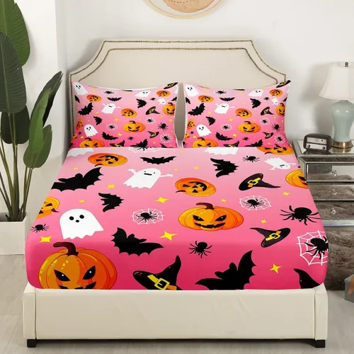 Vista 3 de Manfei Juego de sábanas de Halloween tamaño individual, juego de ropa de cama de farol de calabaza fantasmas para niños y niñas, decoración
