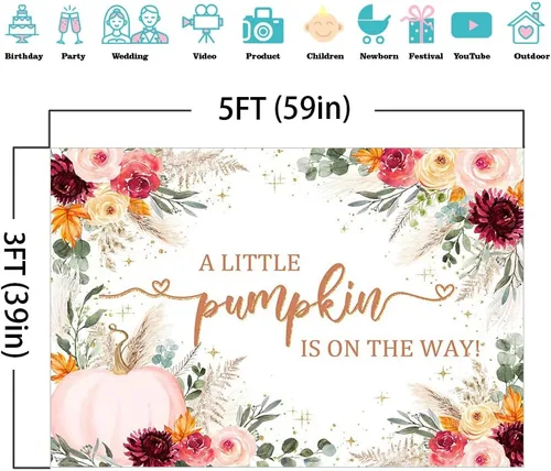 Vista 4 de Mocsicka Telón de fondo para baby shower, calabaza rosa burdeos, fondo de baby shower, decoración de fiesta con texto en inglés "A Little Pumpkin is