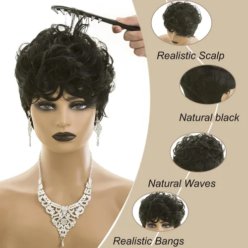 Vista 4 de Pelucas rizadas de corte Pixie para mujeres negras, pelucas cortas negras #1 Jet
