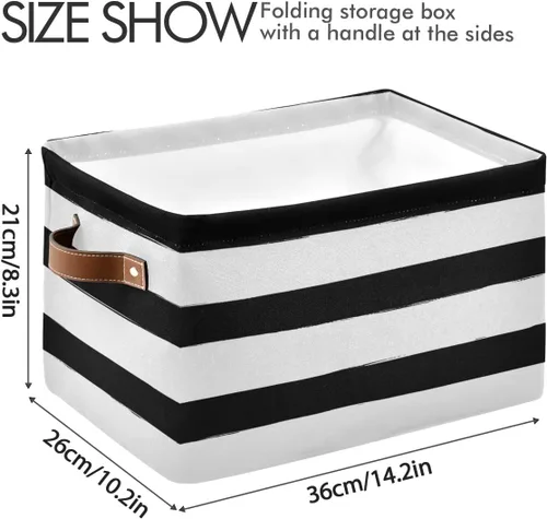 Vista 4 de Bolaz Cesta de almacenamiento plegable grande, color negro y blanco, a rayas, bolsa organizadora plegable con asas, 15 x 11 x 9.5 pulgadas