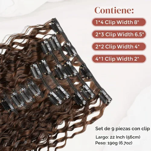 Vista 2 de LONAI Extensión de Cabello, 9 piezas, 56 cm de largo, castaño, extensiones de cabello rizadas con pinza, LN002, extensiones de cabello sintético