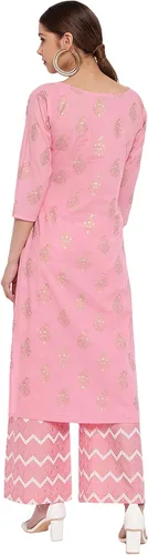 Vista 6 de Janasya Kurta de algodón rosa con palazzo para mujer, Rosado