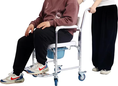 Vista 5 de Silla de cama 4 en 1, silla de ruedas para ducha, silla de transporte portátil con brazos y 4 frenos, inodoro portátil para adultos, personas