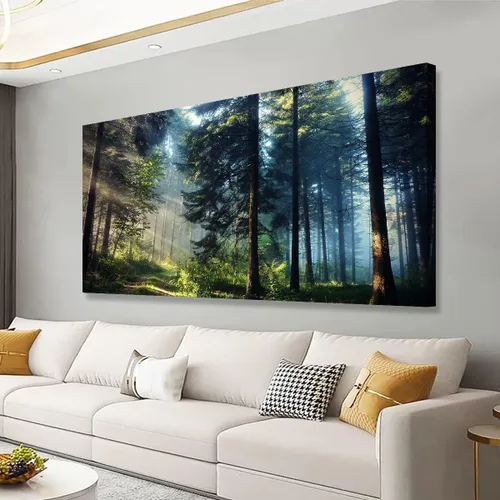 Vista 12 de Cuadros de bosque azul para pared, arte de pared para sala de estar, dormitorio, bosque impreso para decoración del hogar, arte abstracto de niebla