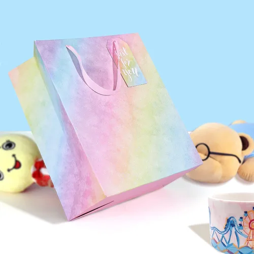 Vista 5 de Paquete de 4 bolsas de regalo con asas, bolsas de regalo de tamaño mediano degradado con purpurina con papel de seda, bolsa colorida de regalo