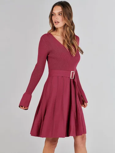 Vista 4 de ANRABESS Vestido tipo suéter de manga larga con cuello en V y lazo en la cintura, plisado, acampanado, elegante, de punto acanalado, vestido midi
