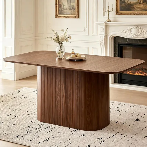Vista 8 de Mesa de comedor de 63 pulgadas para 4 personas, esquinas redondeadas, base de pedestal a rayas, mesa rectangular moderna de granja, color beige
