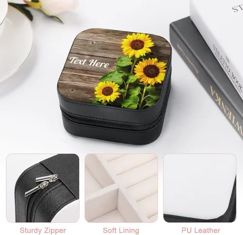 Vista 4 de Joyero de viaje de madera de girasol personalizado con nombre con foto y texto, joyero para mujeres y niñas, estuche organizador de joyas portátil