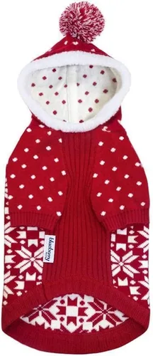 Vista 2 de Blueberry Pet Let It Snow Suéter Clásico Feo de Navidad con Capucha y Diseño de Copos de Nieve para Perro en Rojo y Blanco, Longitud de Espalda 12