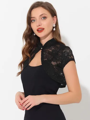 Vista 2 de Allegra K Cárdigan de encaje para mujer, cuello alto, corto y elegante