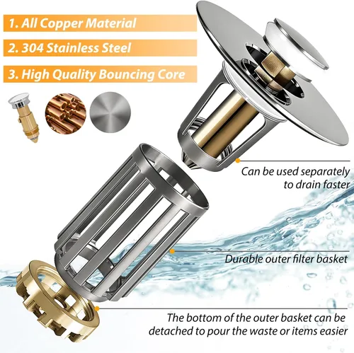 Vista 6 de Anlige Tapón de fregadero de baño desplegable 3 en 1, colador de drenaje para fregadero de baño, con cesta extraíble, cubierta universal para Níquel