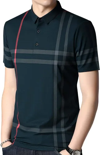 Vista 2 de Camisa polo casual a rayas de manga corta con cuello para hombre