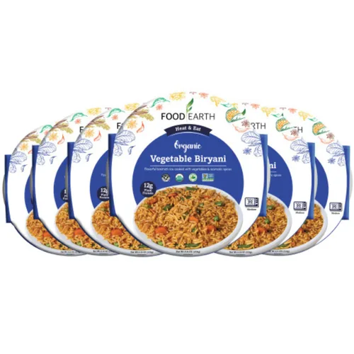 Vista 8 de Food Earth Paquete de cocina india listo para comer, curry de lentejas partidas, garbanzos al curry con arroz al vapor y verduras Biryani