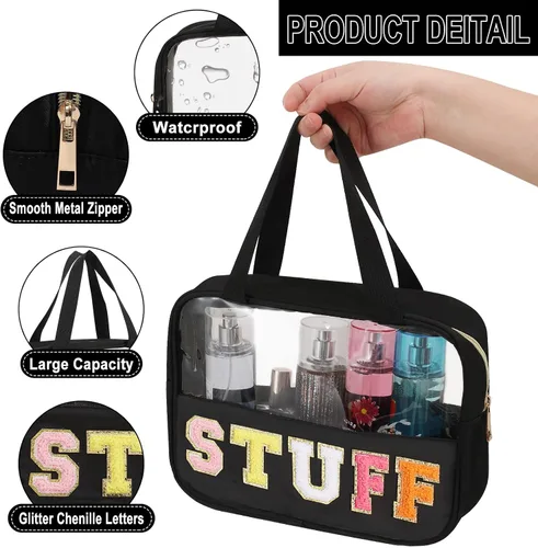 Vista 6 de Bolsa transparente de felpilla con parches de letras, bolsa de maquillaje transparente de PVC y nailon multiusos con asas, bolsa grande