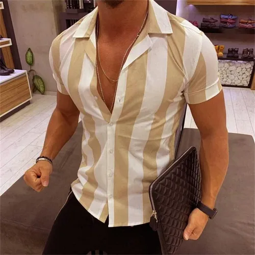 Vista 2 de Camisas de manga corta para hombre, estilo casual, ajustado, a rayas, de algodón, de ajuste regular, para la playa (caqui, talla M), Caqui