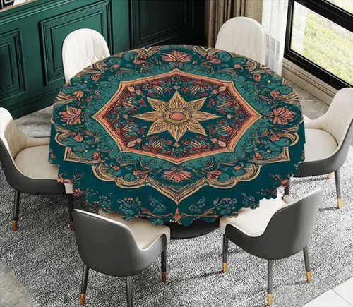 Vista 3 de IBILIU Mantel redondo de mandala floral retro, bohemio, estilo indio, patrón étnico de damasco, resistente al agua, de poliéster, mantel decorativo