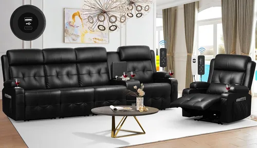 Vista 23 de Sofá reclinable, sofá reclinable con masaje de 3 plazas con gran capacidad de peso, sofá de dos plazas para RV con espacio libre con consola, USB