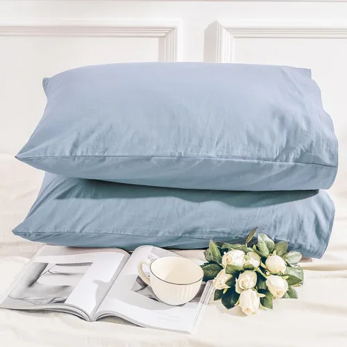 Vista 14 de NEXHOME PRO Juego de 2 fundas de almohada estándar 100% algodón orgánico, cierre de sobre, tacto de lino texturizado natural, suave y duradero